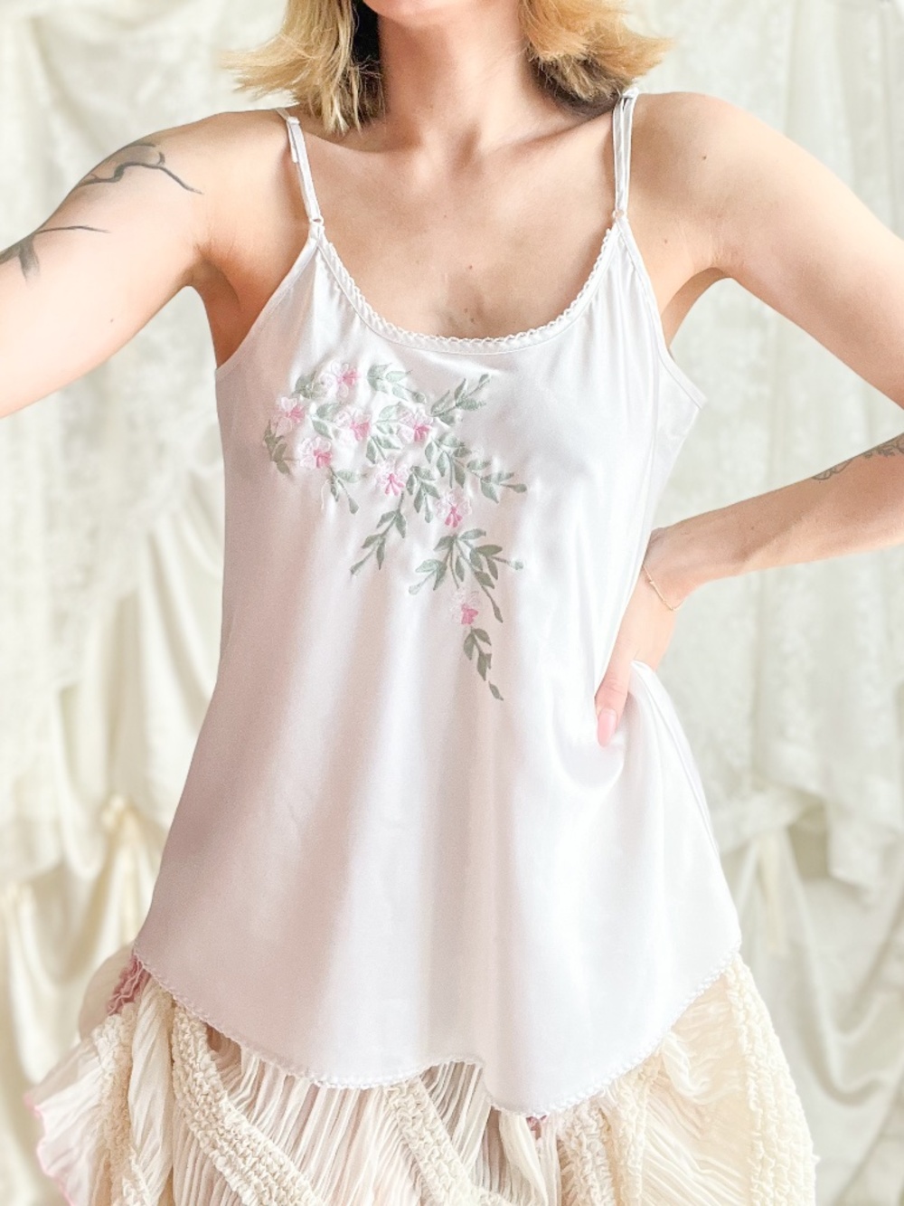 Vintage White Satin Floral Embroidered Camisole